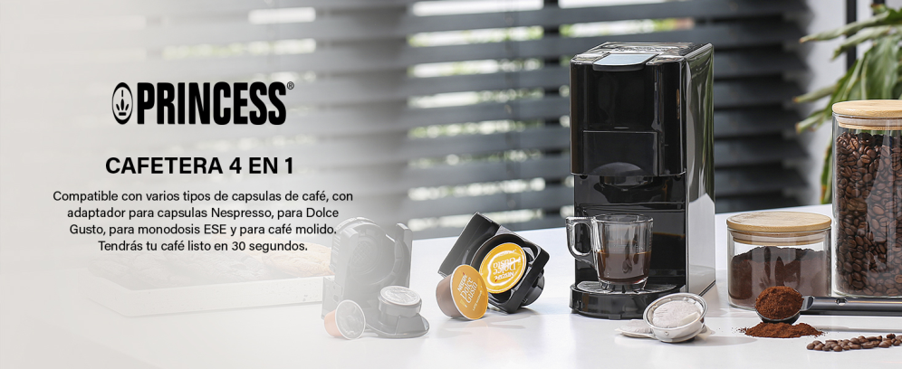 Princess Máquina de café multicápsulas con adaptadores para cápsulas  Nespresso, Dolce Gusto, monodosis ESE y café molido, 19 bares de presión